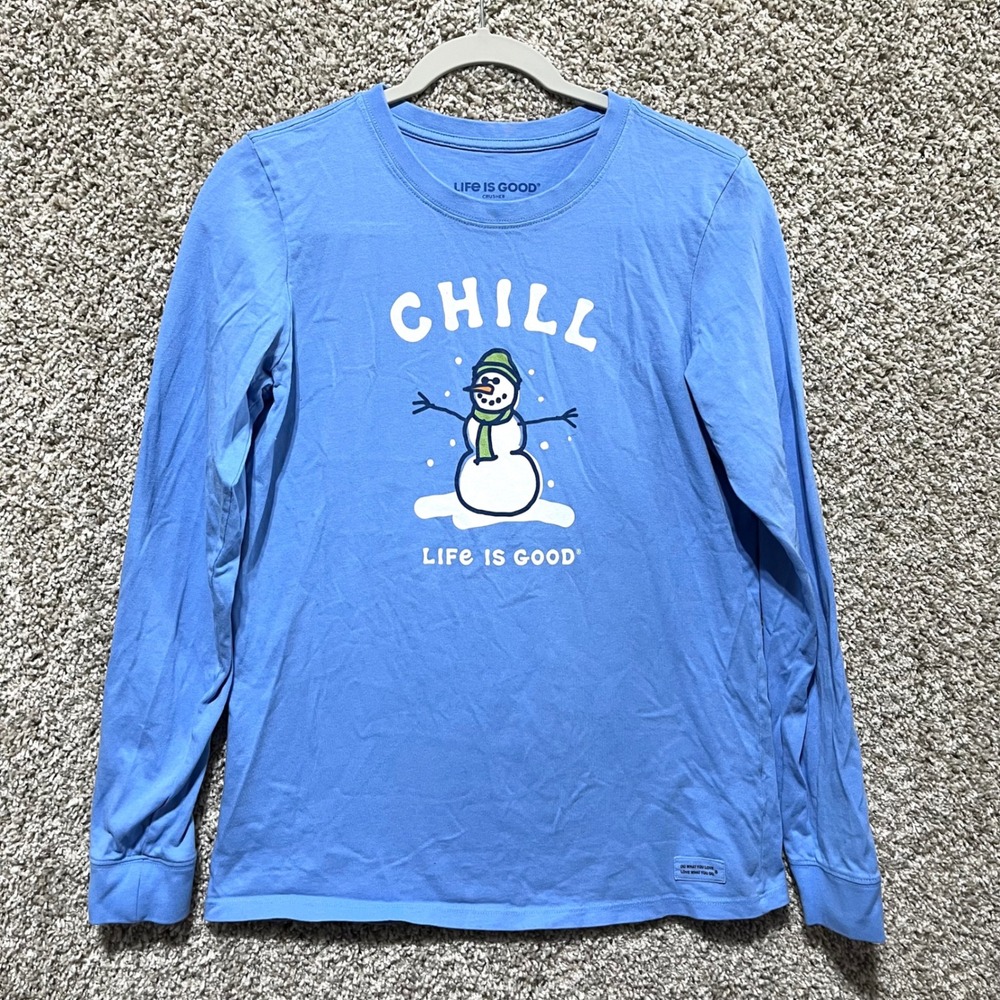 Life is Good T-Shirt Women's M Blue Chill Snowman Graphic Long Sleeve Crusher